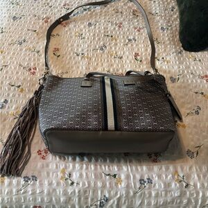 Gray Textured Shoulder Bag with Geometric Pattern